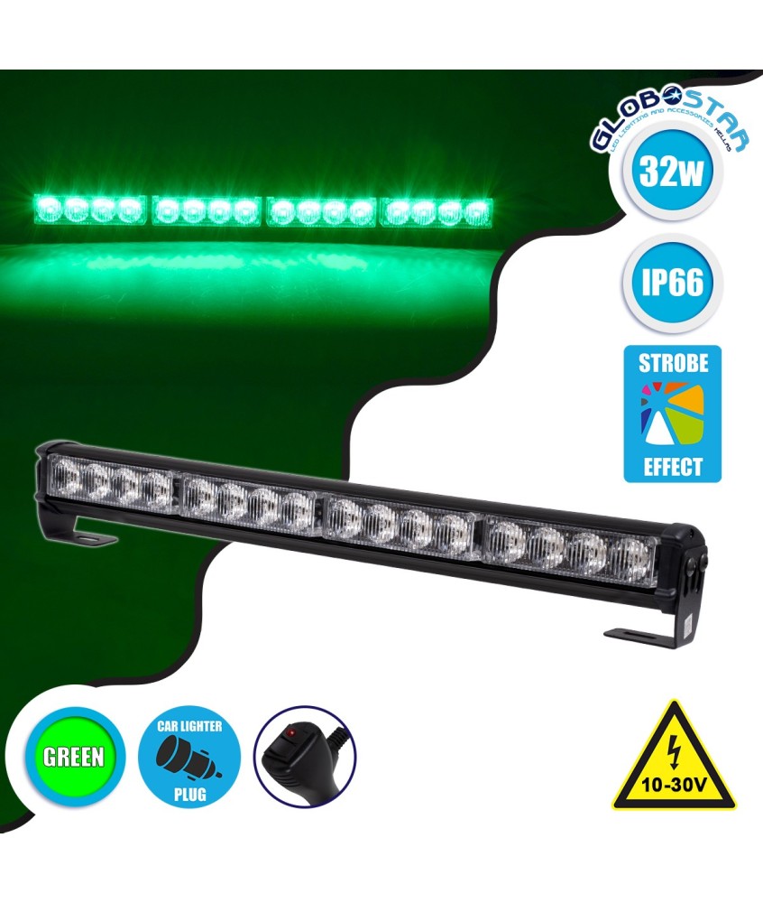 GloboStar® 85273 PRO Series Μπάρα Σήμανσης Οχήματος Security - Ασφαλείας για Αυτοκίνητα & Φορτηγά 16 Προγραμμάτων Φωτισμού STROBE LED SMD 3030 32W DC 10-30V Αδιάβροχη IP66 Πράσινο